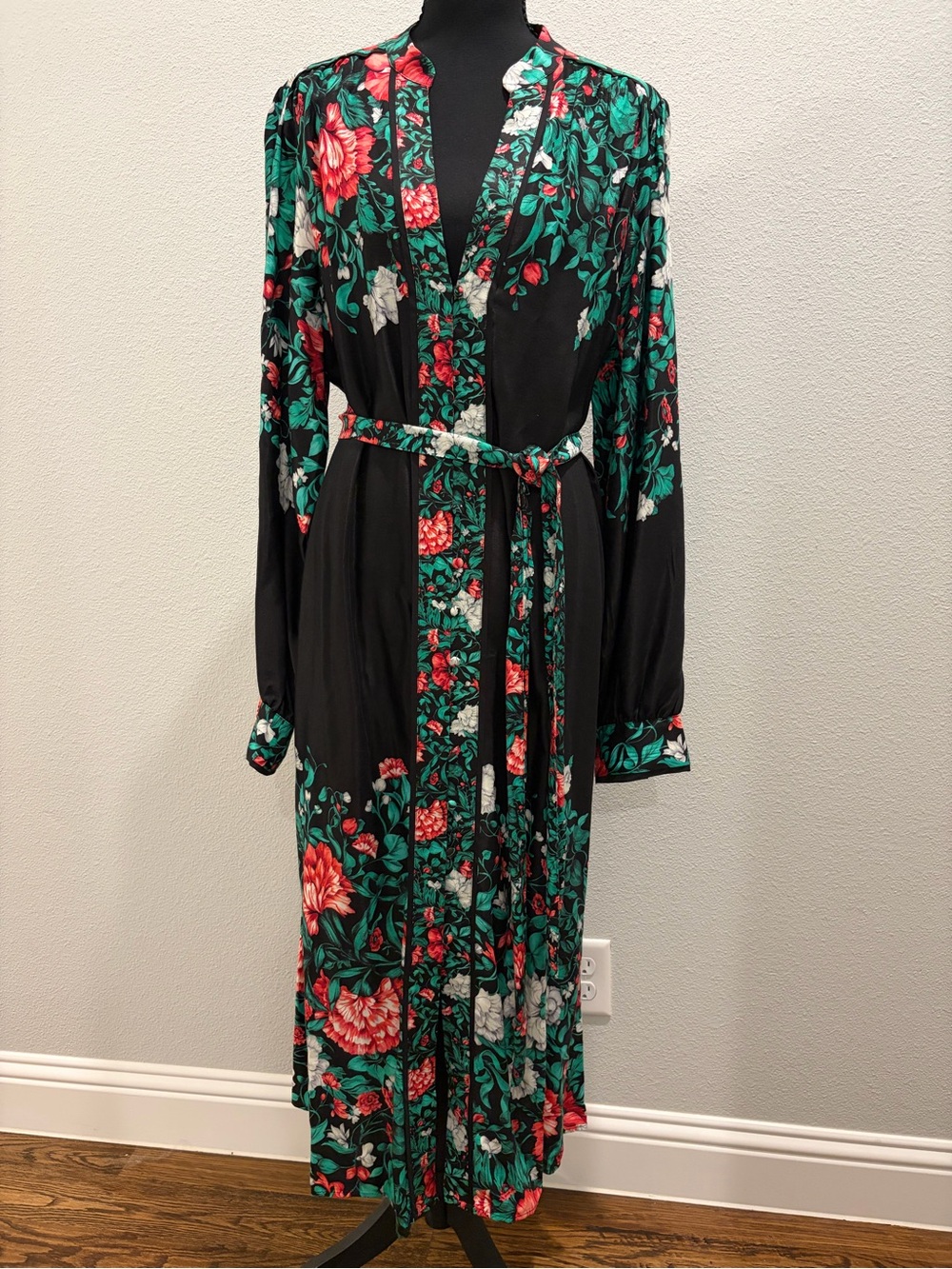 NWT By Anthropologie Black Red Green Floral Tie-Waist Midi Dress XL